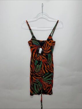 PrettyLittleThing Orange & Green Ruched Zebra-Print Mini Dress